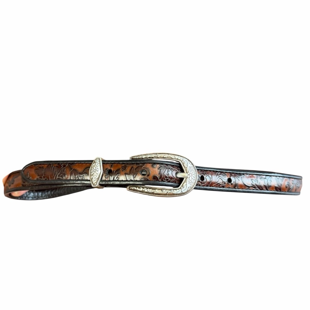 Brighton S 24-28” Brown Leaf Print Belt silver Ornate Buckle Western